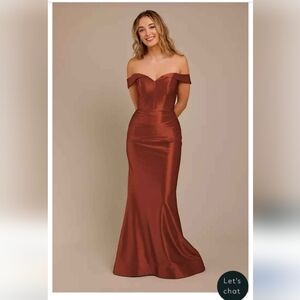 David's Bridal Galina Signature Off-Shoulder Satin Dress in Cinnamon